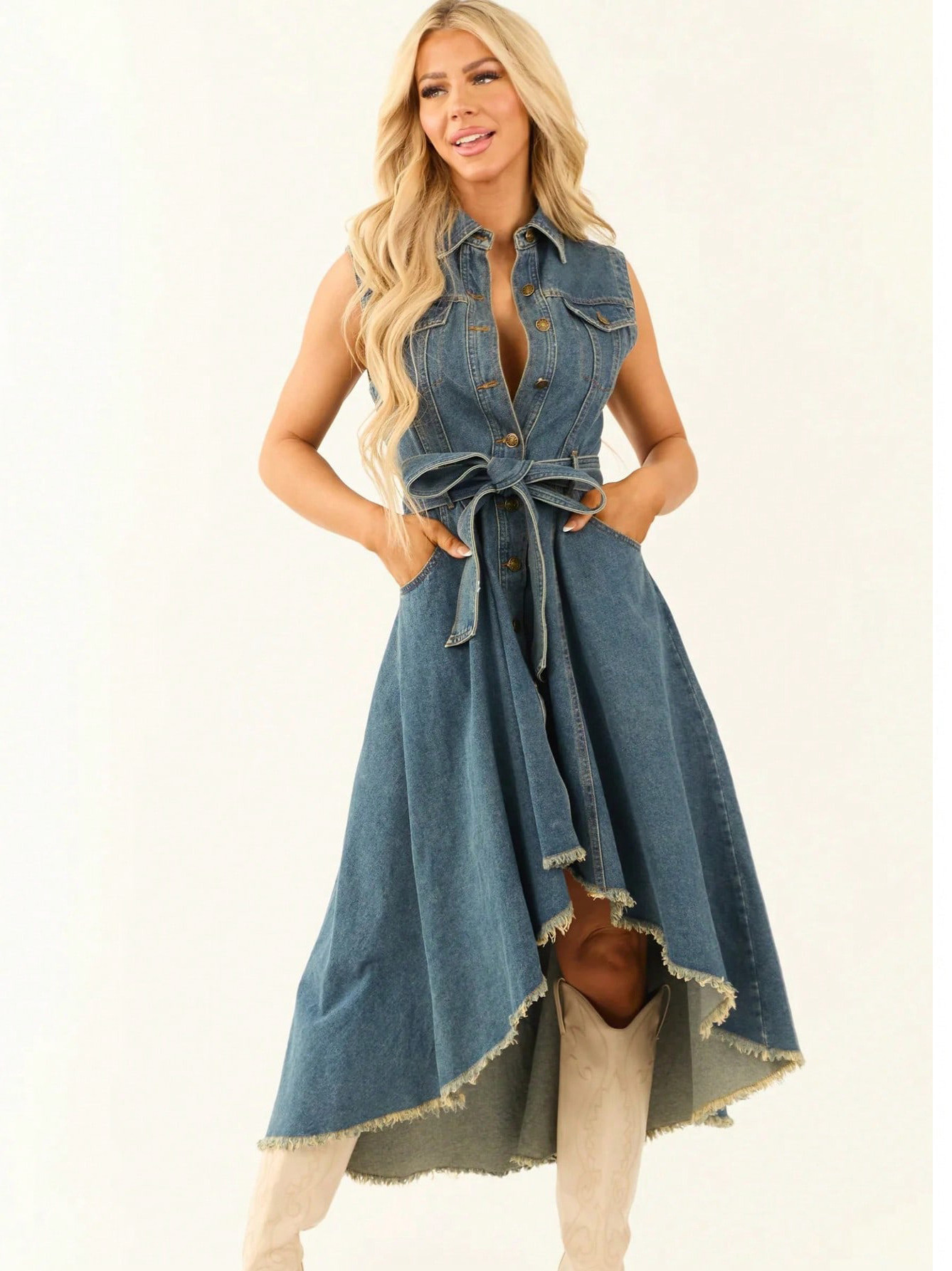 Edgy Irregular Raw Hem Sleeveless Denim Midi Dress