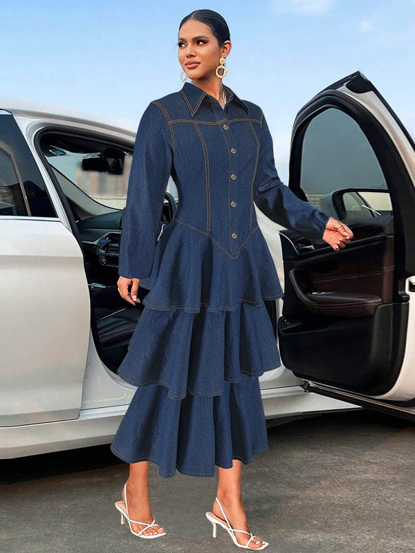 Elegant Lapel Long Sleeve Tiered Hem Denim Dress