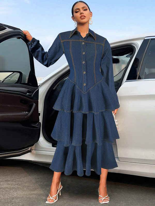 Elegant Lapel Long Sleeve Tiered Hem Denim Dress