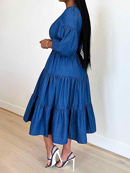 Elegant Puff Sleeve Belted Ruffle Hem Denim Midi Dress