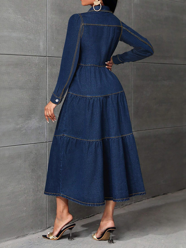 Elegant Ruffle Hem Button Front Denim Midi Dress