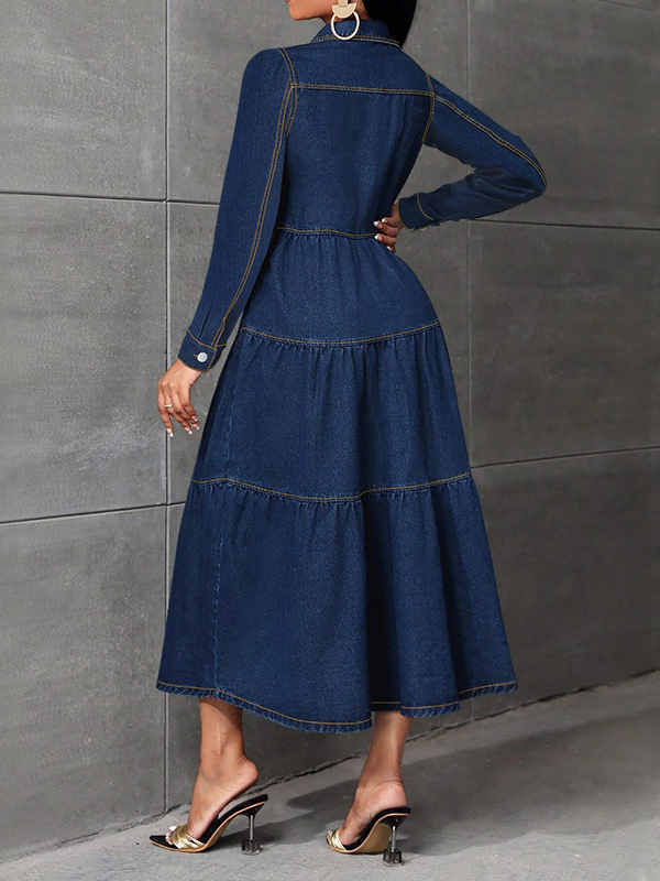 Elegant Ruffle Hem Button Front Denim Midi Dress