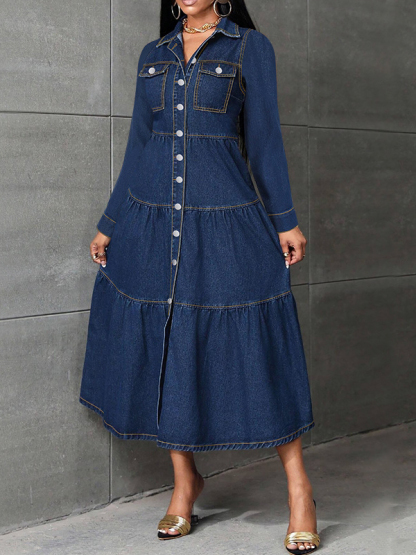 Elegant Ruffle Hem Button Front Denim Midi Dress