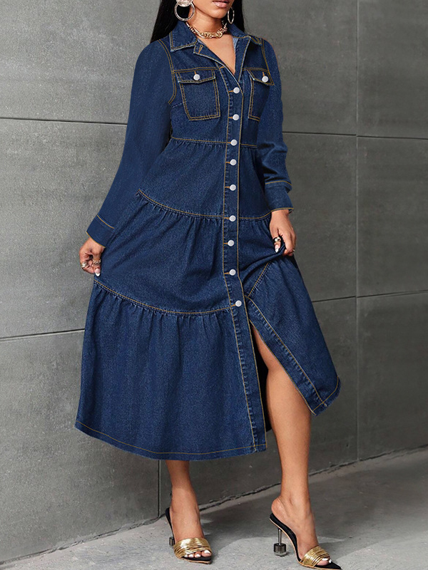 Elegant Ruffle Hem Button Front Denim Midi Dress