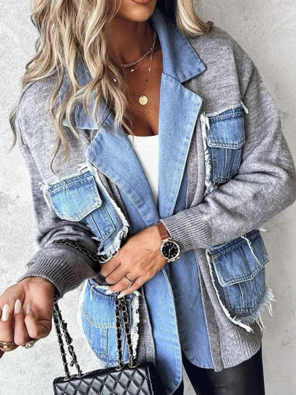 Casual Unique Denim Panel Knit Sweater Jacket