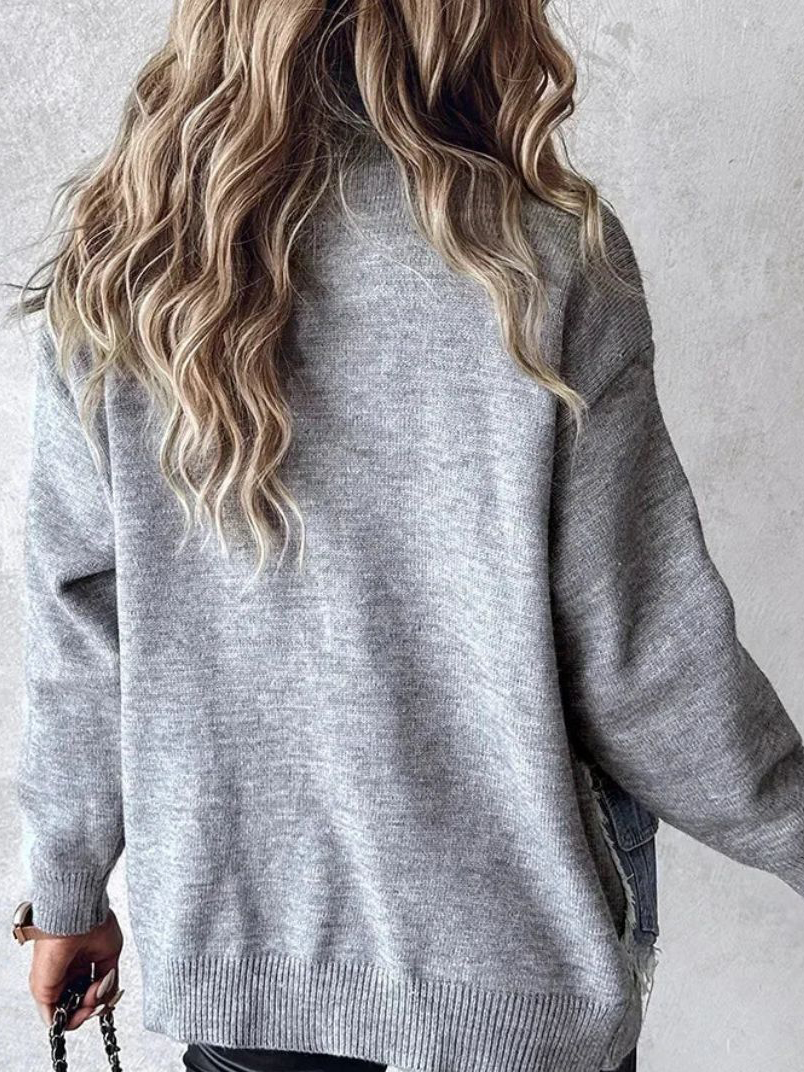 Casual Unique Denim Panel Knit Sweater Jacket