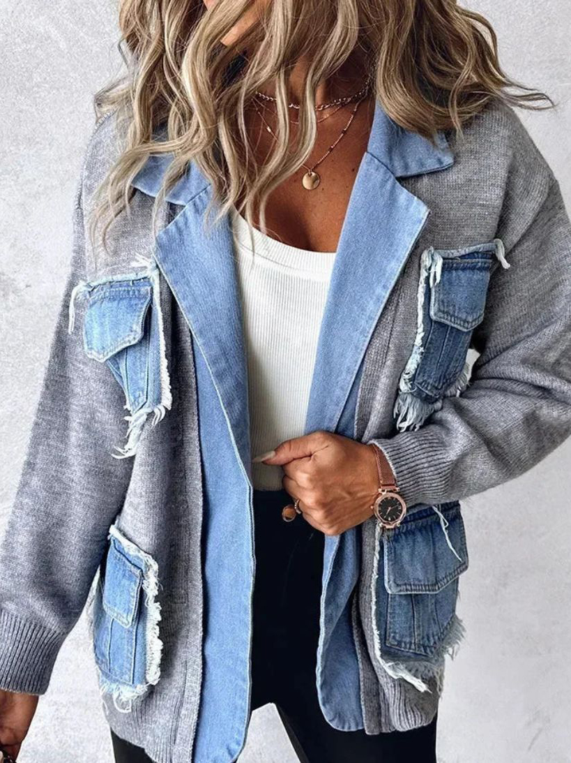 Casual Unique Denim Panel Knit Sweater Jacket