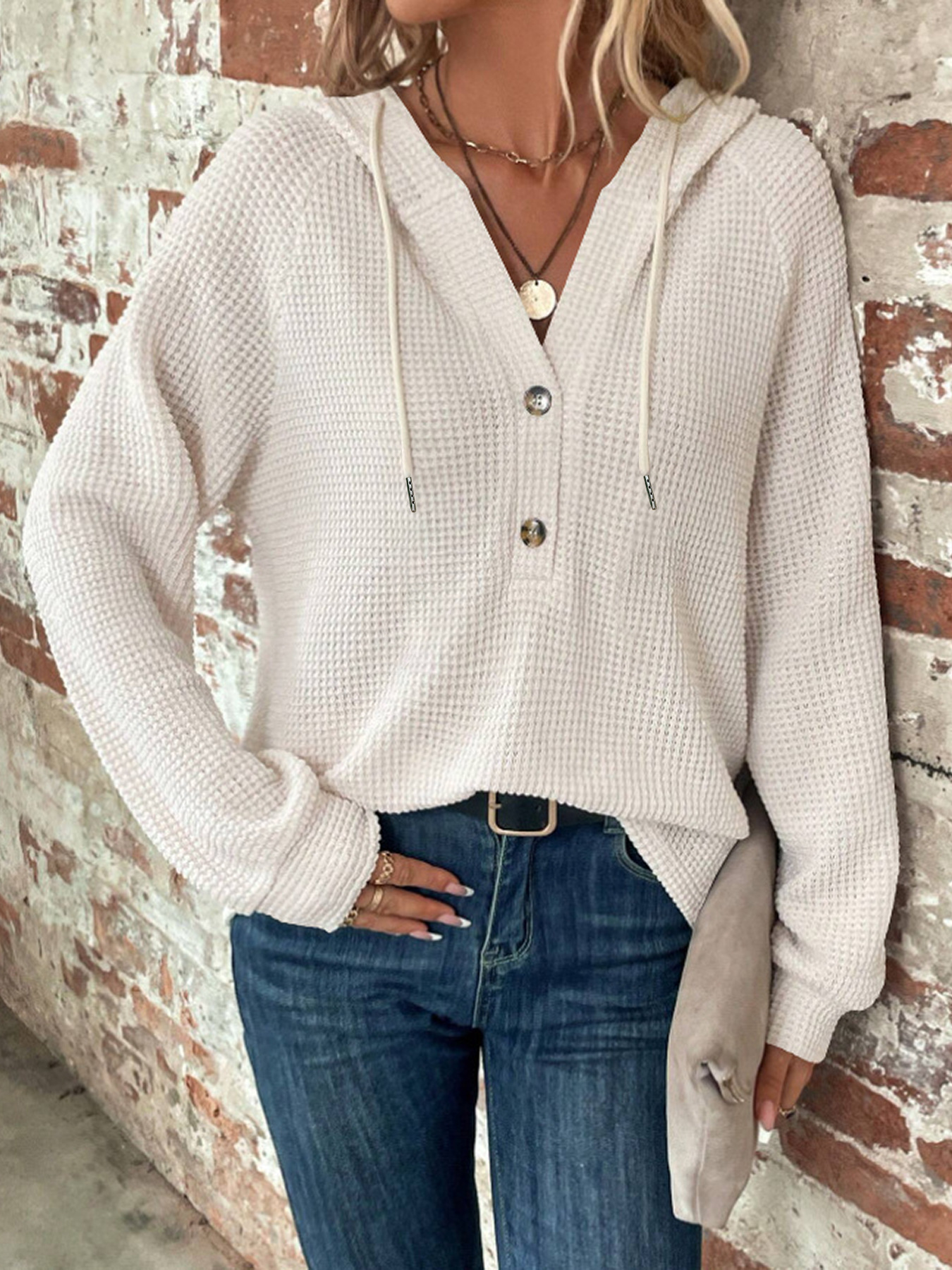 Casual Textured Knit Hooded Sweatshirt