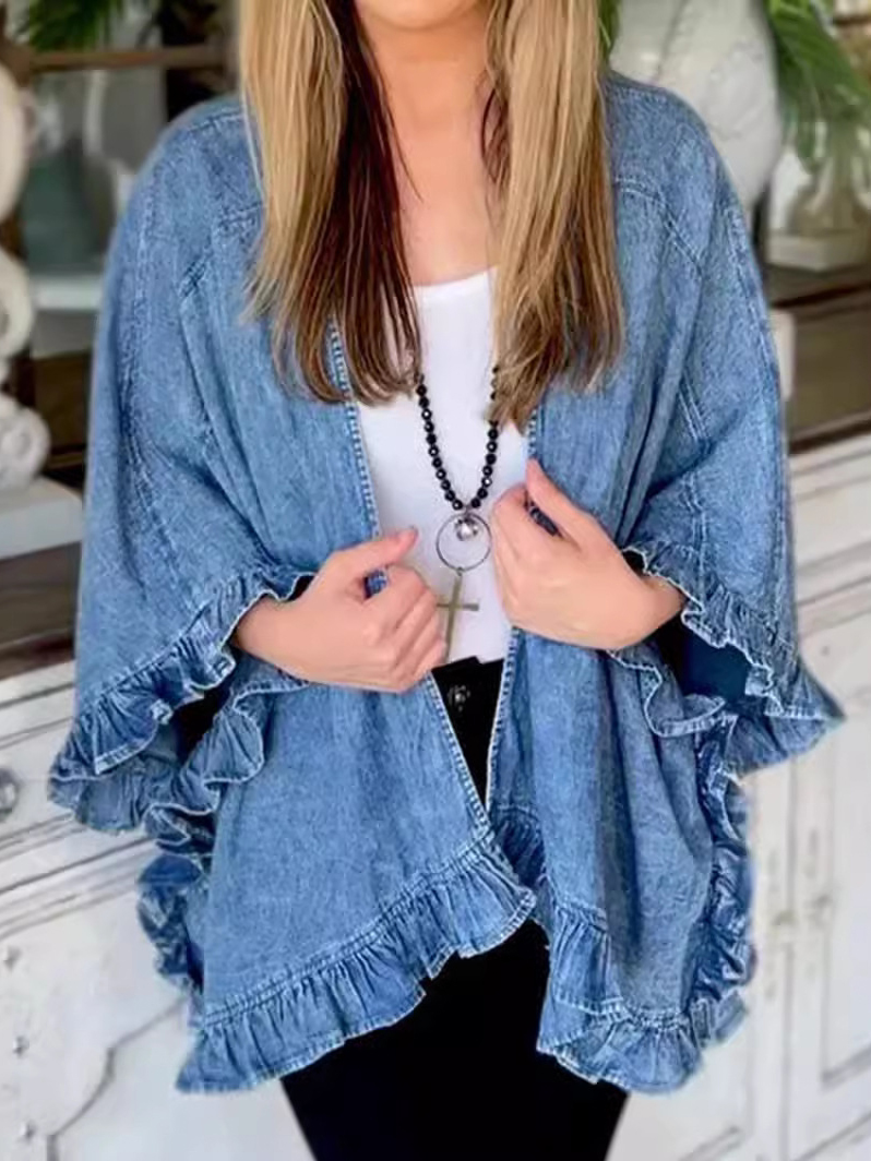 Fashion Ruffle Hem Batwing Sleeve Denim Cape