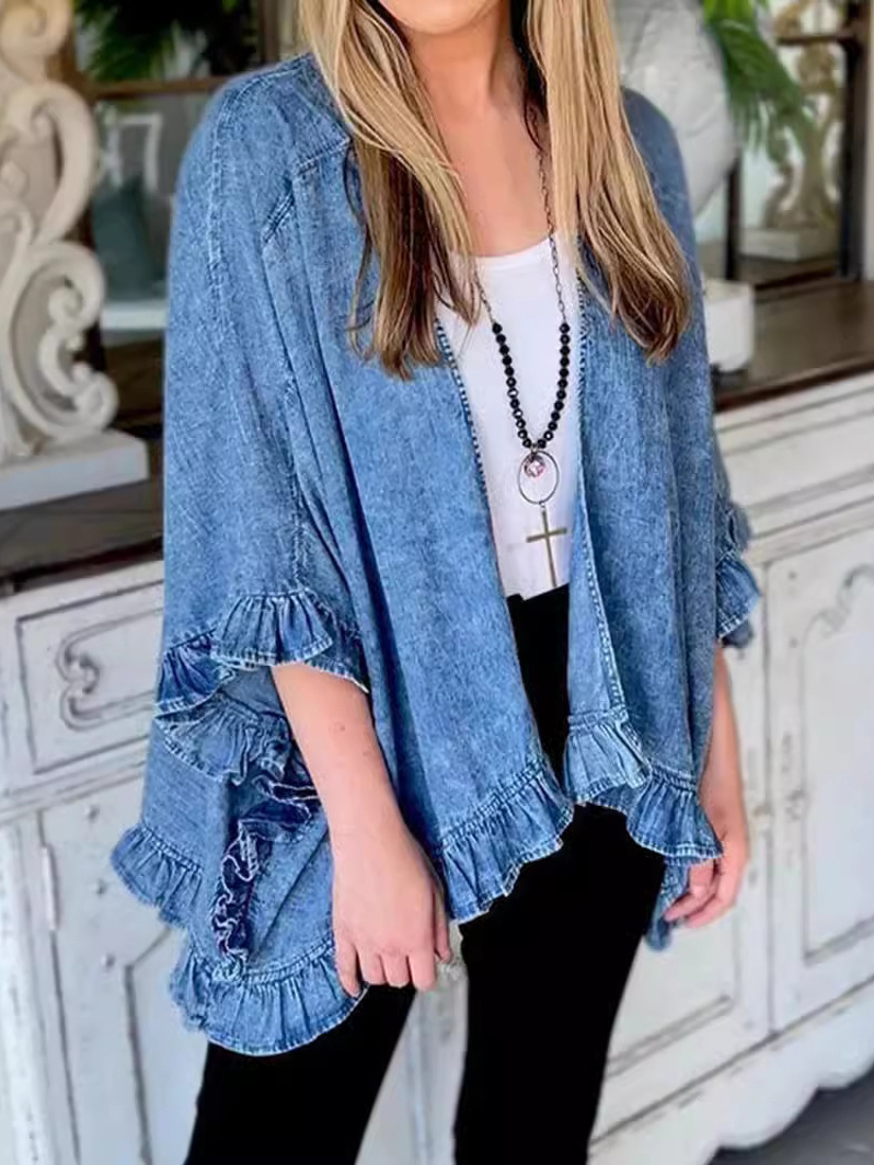 Fashion Ruffle Hem Batwing Sleeve Denim Cape