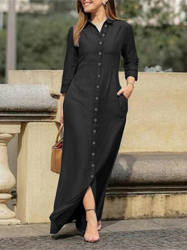 Elegant Long Sleeve Button Front Denim Maxi Dress