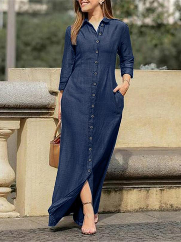 Elegant Long Sleeve Button Front Denim Maxi Dress