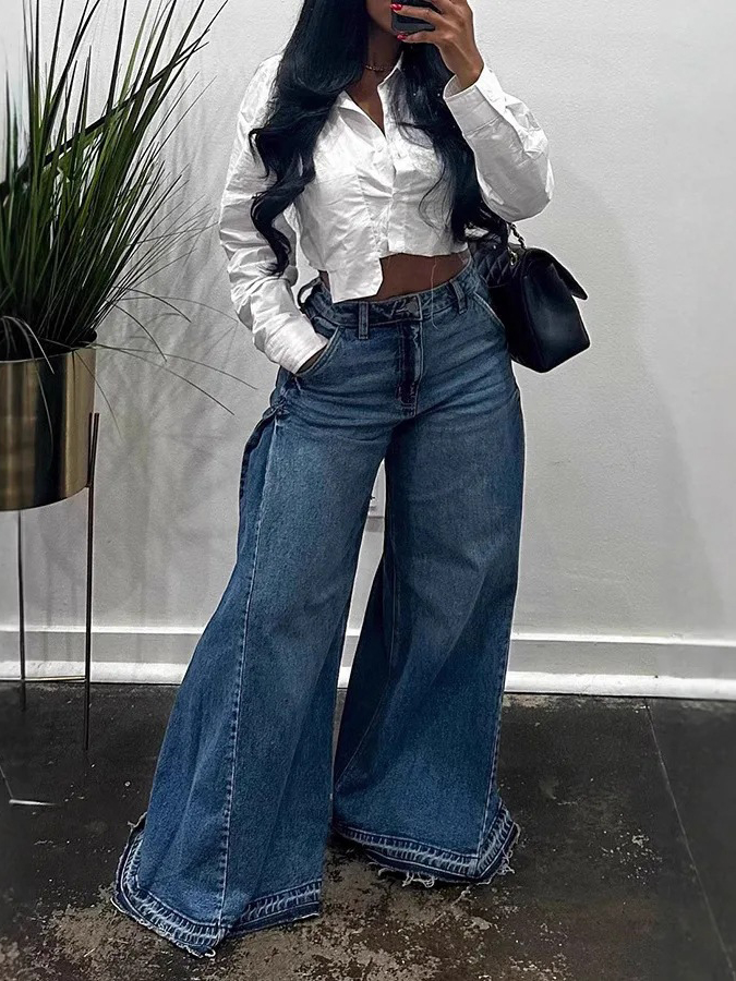 Casual Side Pleated Raw Trim Wide Leg Jeans
