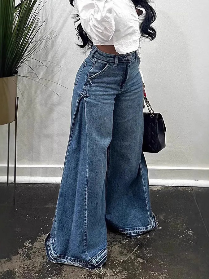 Casual Side Pleated Raw Trim Wide Leg Jeans