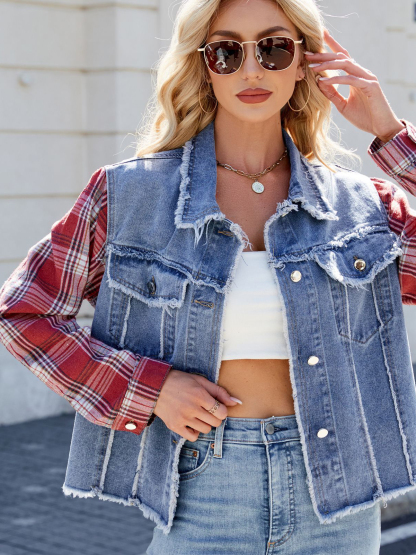 Casual Washed Long Sleeve Plaid Panel Fringe Denim Jacket