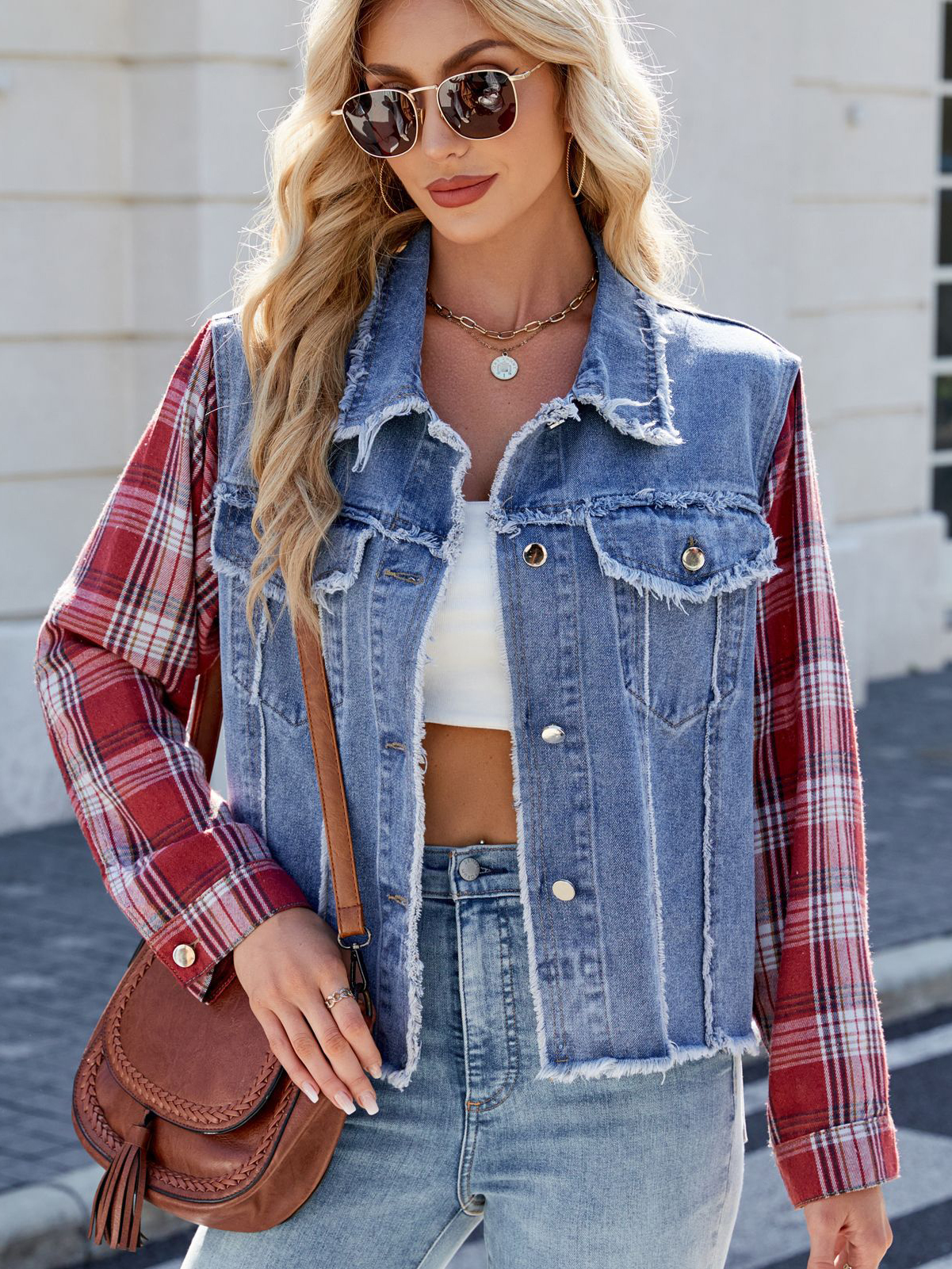 Casual Washed Long Sleeve Plaid Panel Fringe Denim Jacket