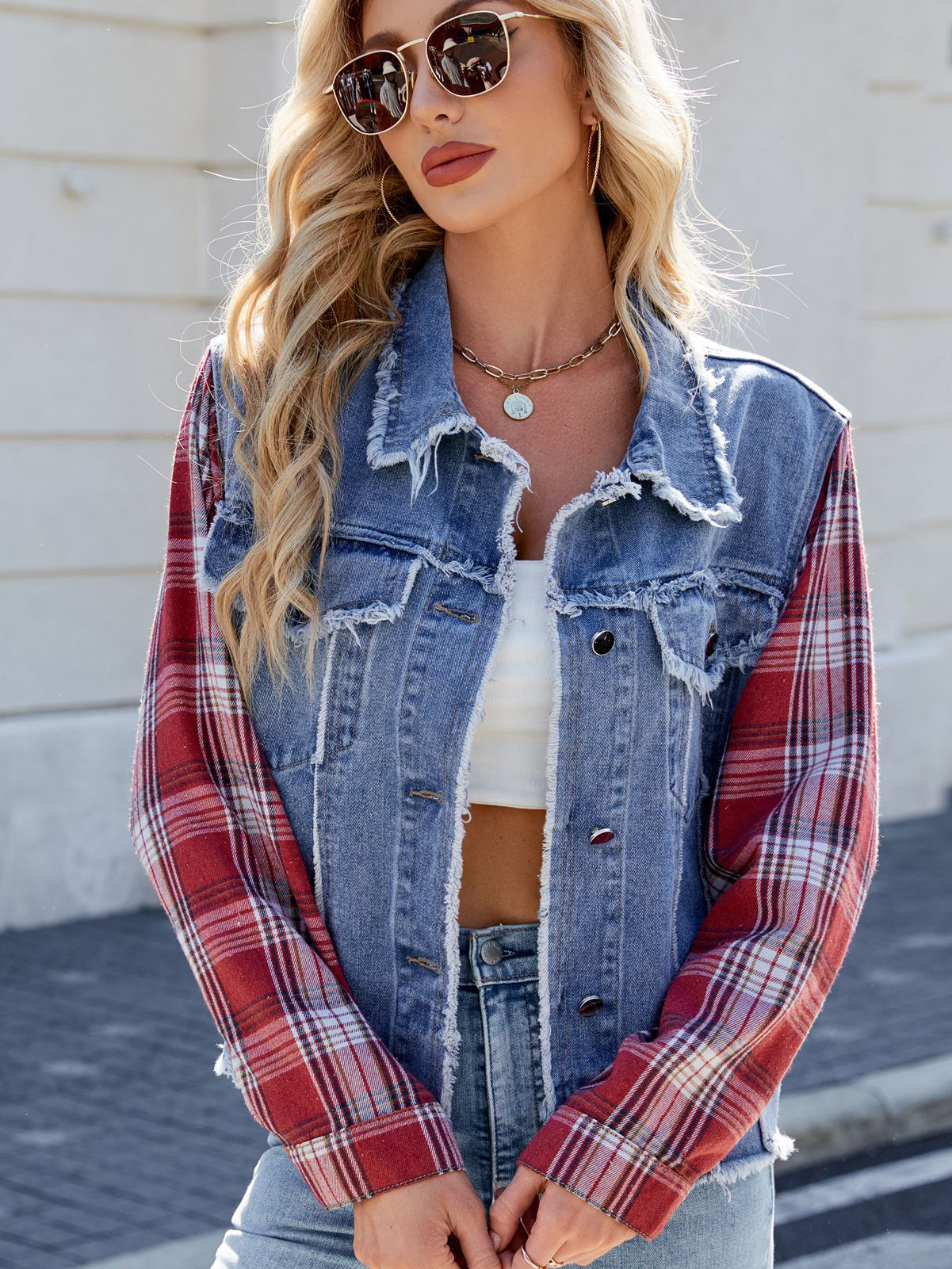 Casual Washed Long Sleeve Plaid Panel Fringe Denim Jacket