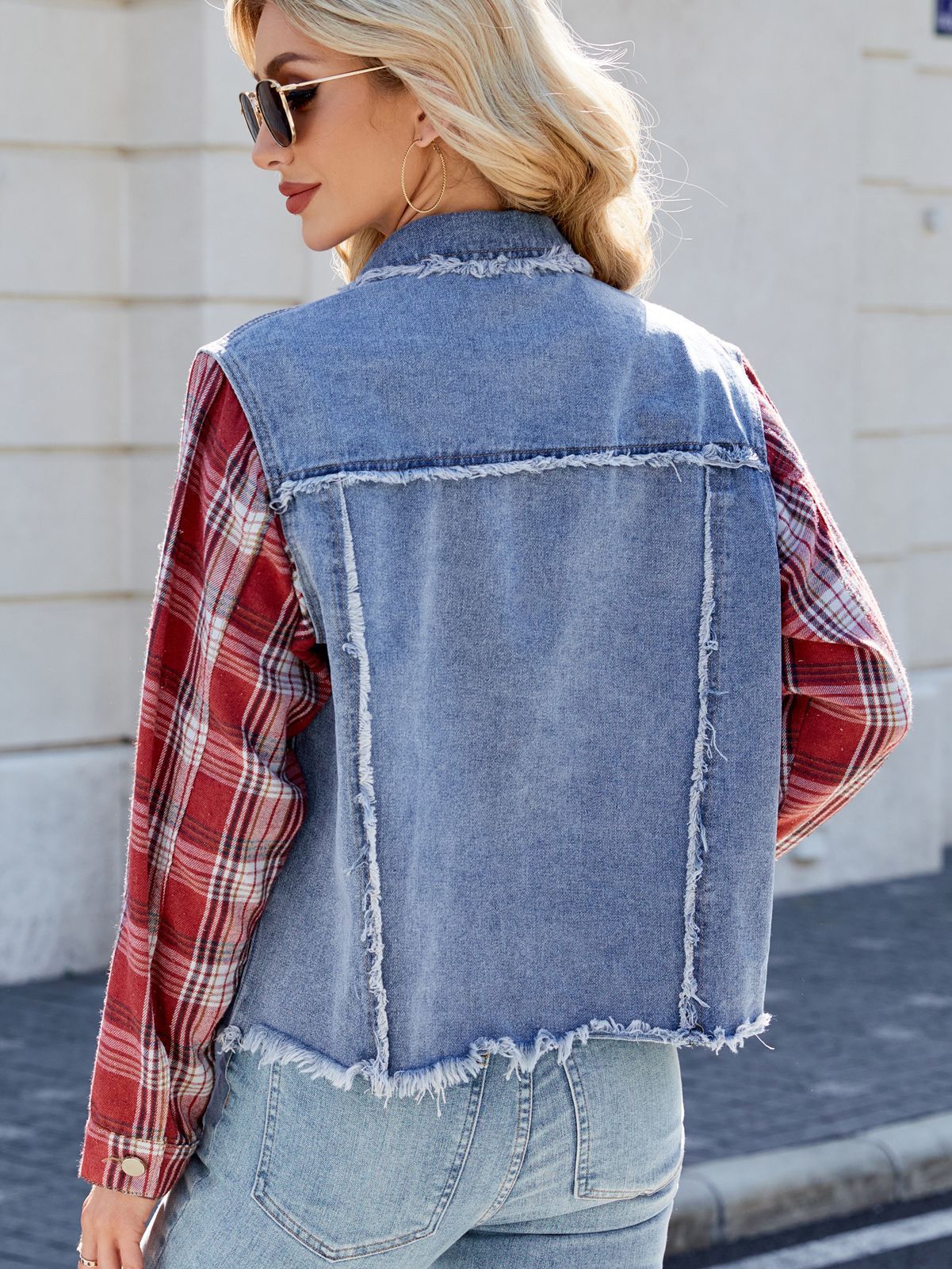 Casual Washed Long Sleeve Plaid Panel Fringe Denim Jacket