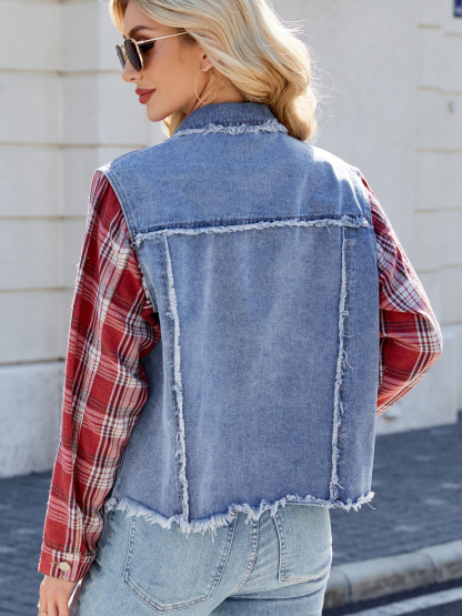 Casual Washed Long Sleeve Plaid Panel Fringe Denim Jacket