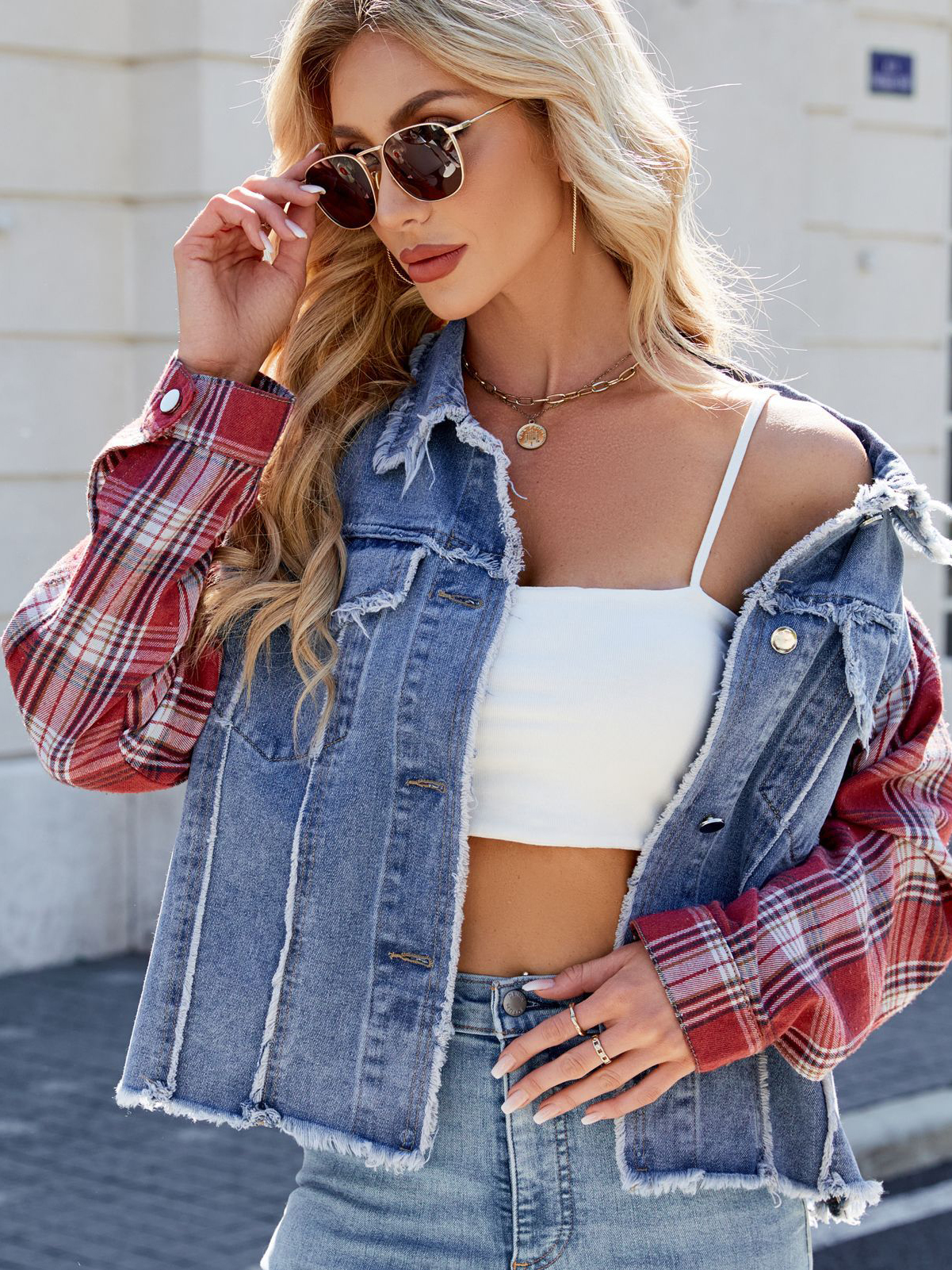 Casual Washed Long Sleeve Plaid Panel Fringe Denim Jacket