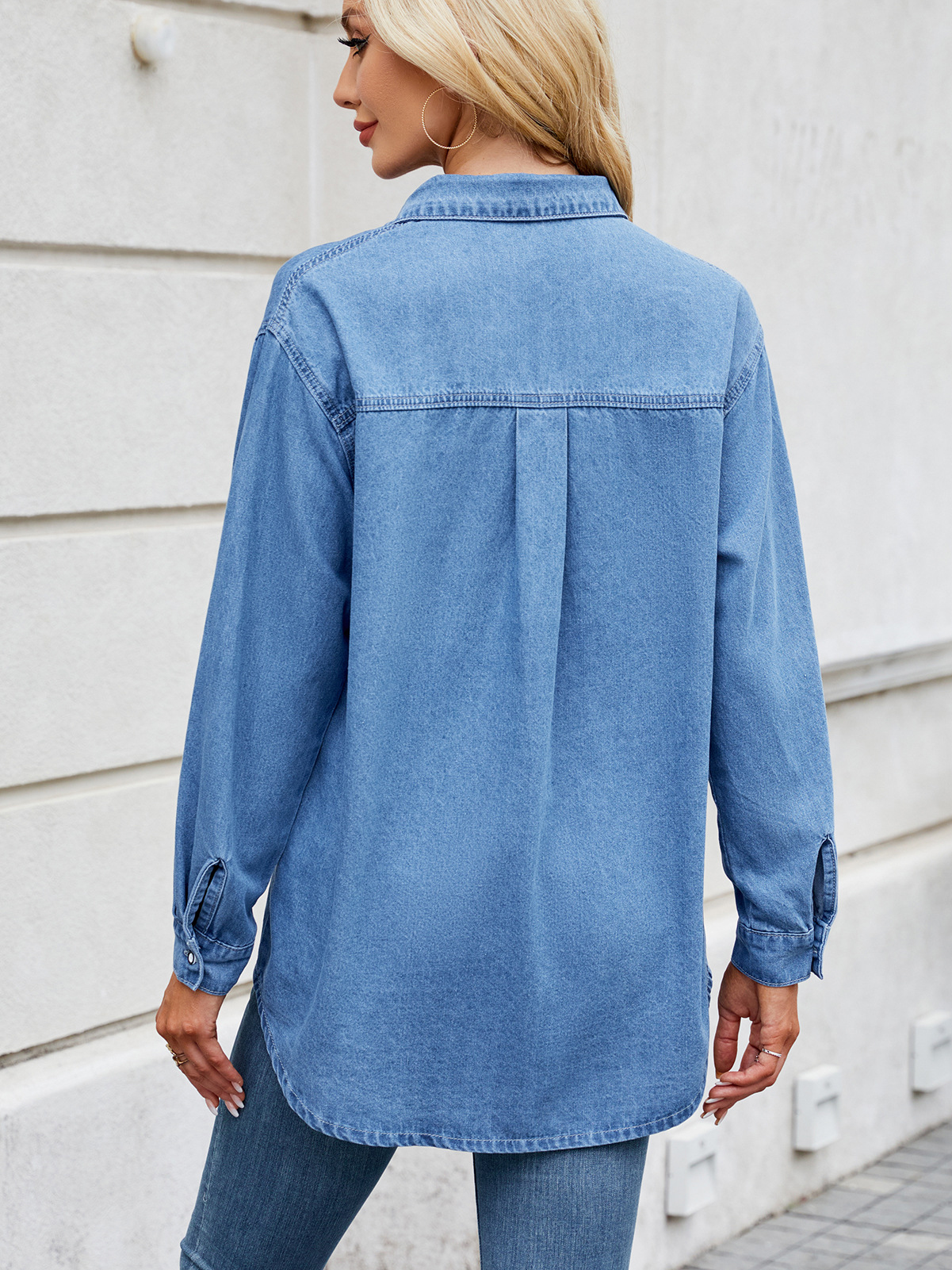 Casual Washed Adjustable Sleeve Oversized Denim Shirt