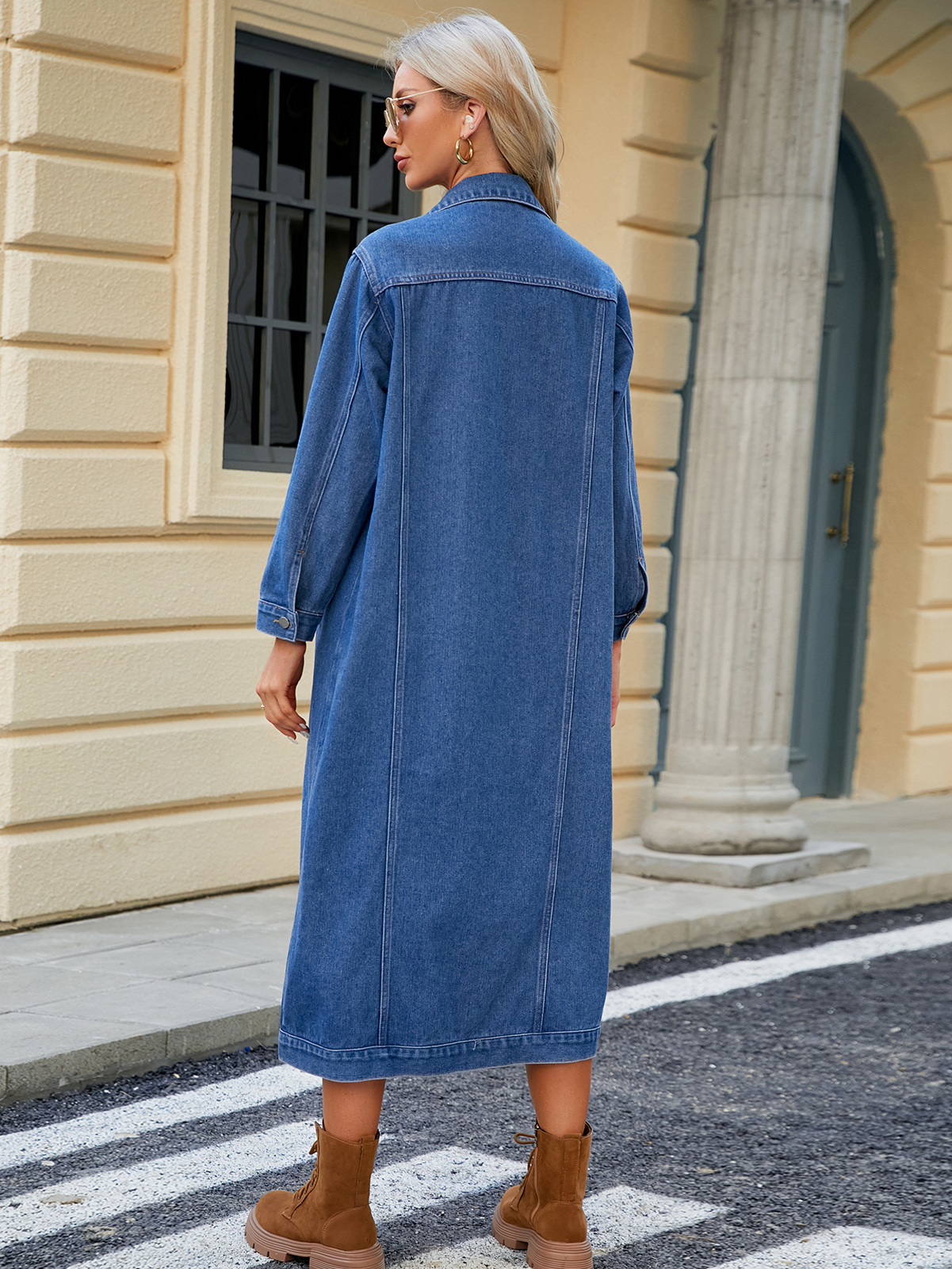 Classic Washed Cardigan Long Denim Trench Coat