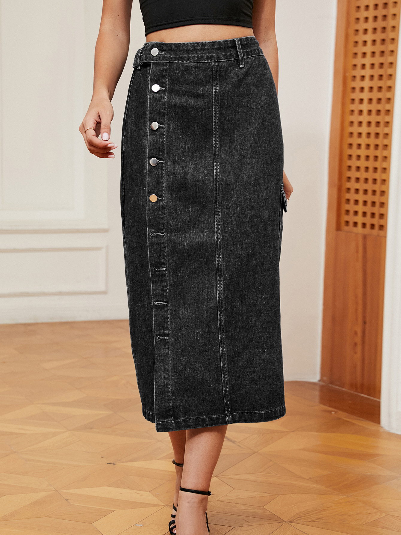 Casual Button Front Elastic Waist Utility Denim Skirt