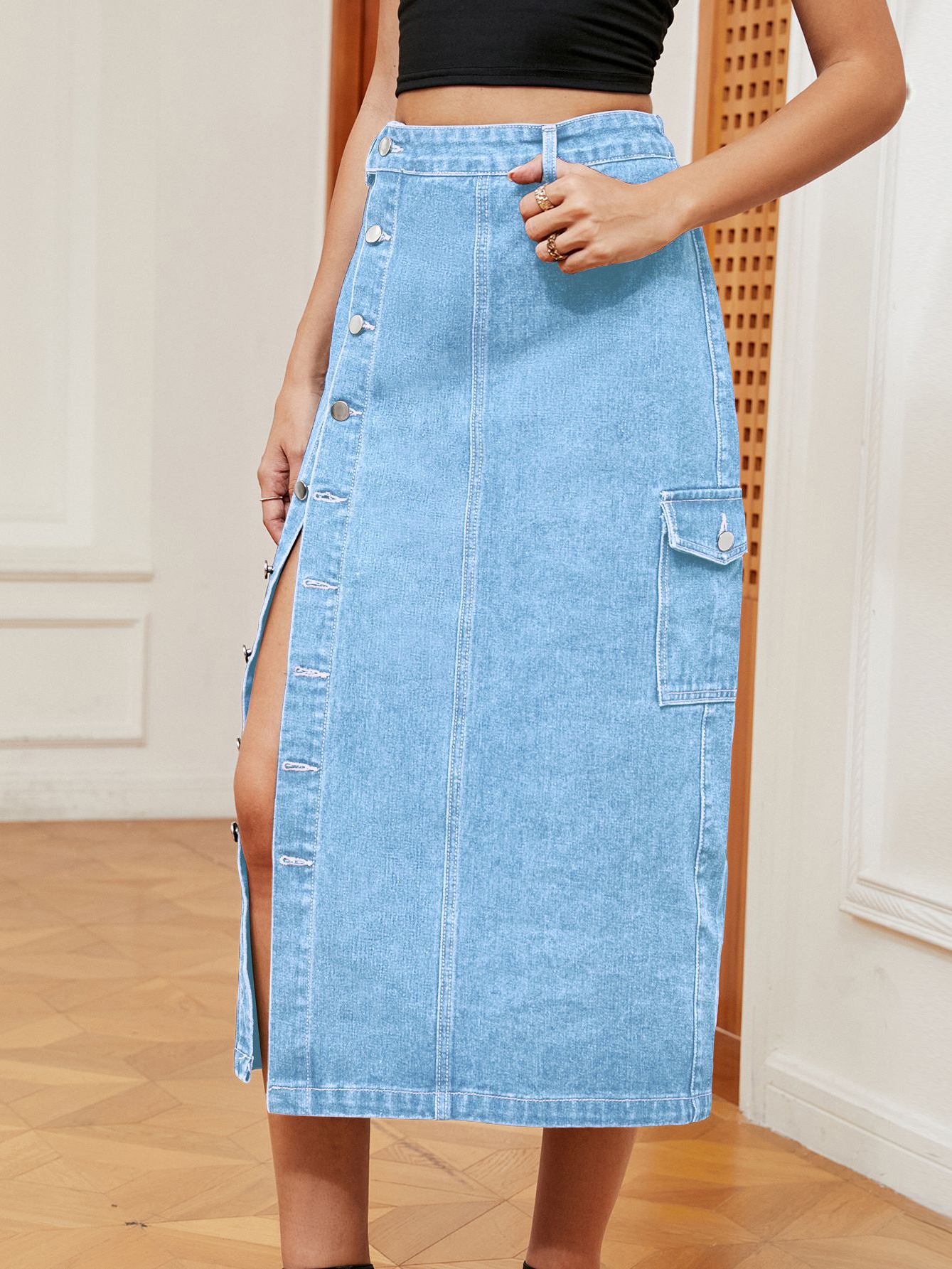 Casual Button Front Elastic Waist Utility Denim Skirt