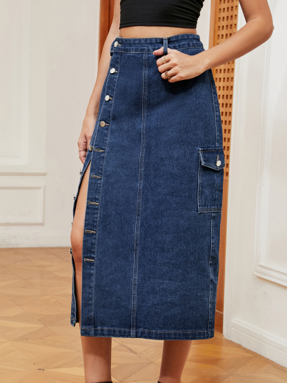 Casual Button Front Elastic Waist Utility Denim Skirt