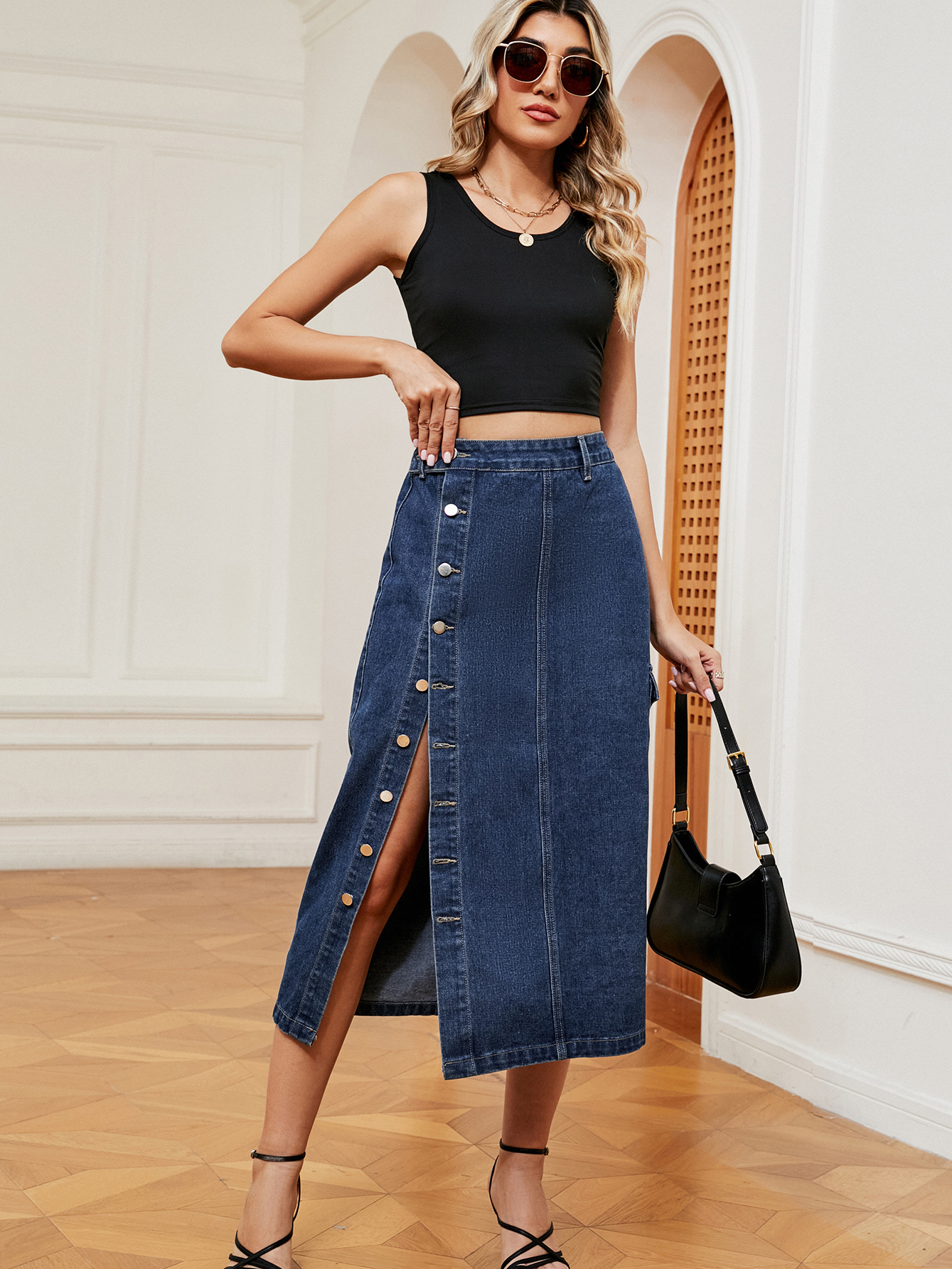 Casual Button Front Elastic Waist Utility Denim Skirt
