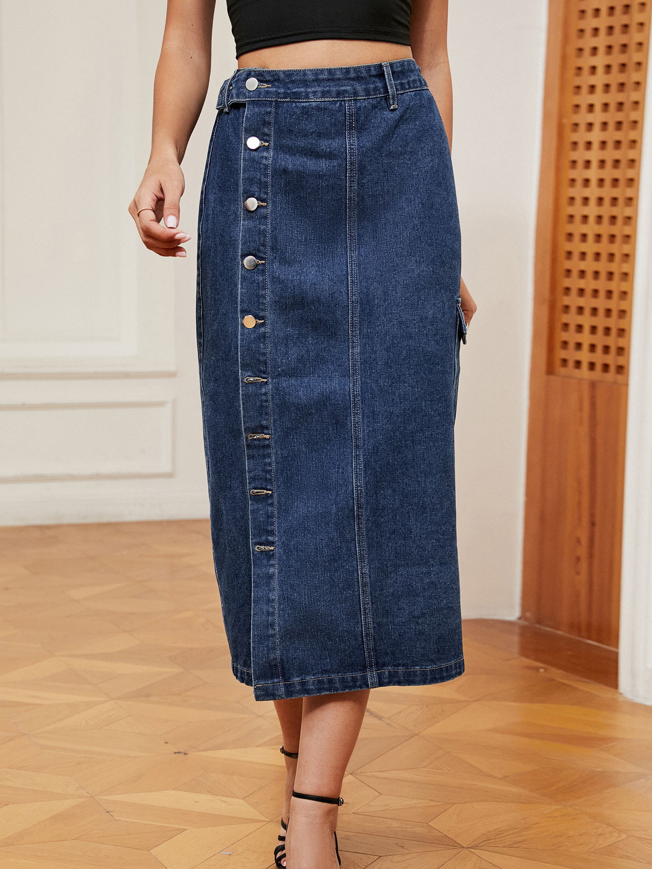 Casual Button Front Elastic Waist Utility Denim Skirt