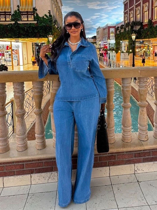 Casual Lapel Pocket Denim Top + Tie Waist Jeans Suit
