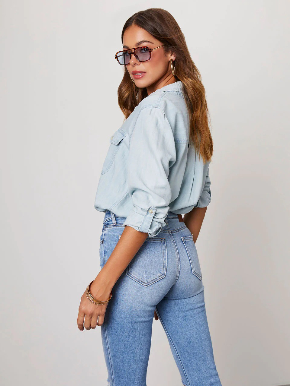 Casual Button Front Light Washed Denim Shirt