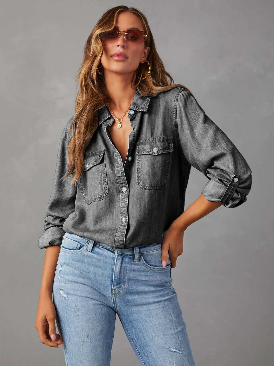 Casual Button Front Light Washed Denim Shirt