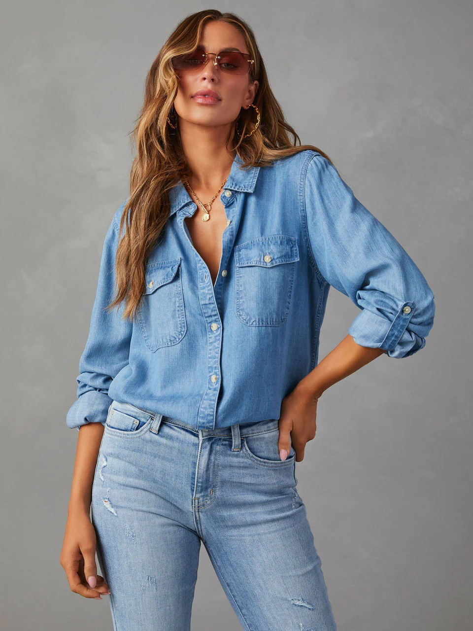 Casual Button Front Light Washed Denim Shirt