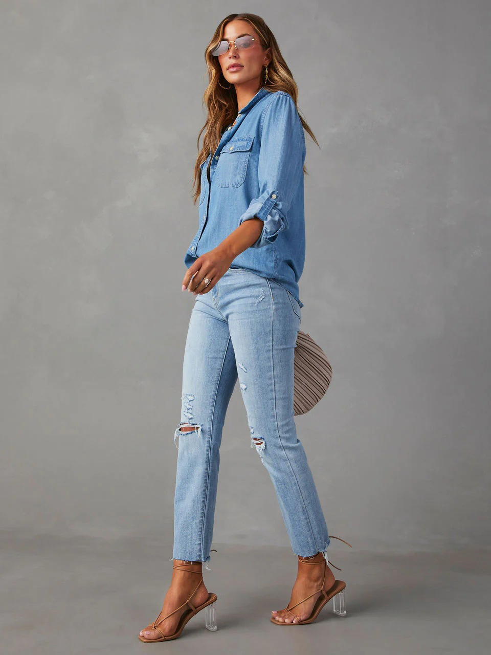 Casual Button Front Light Washed Denim Shirt