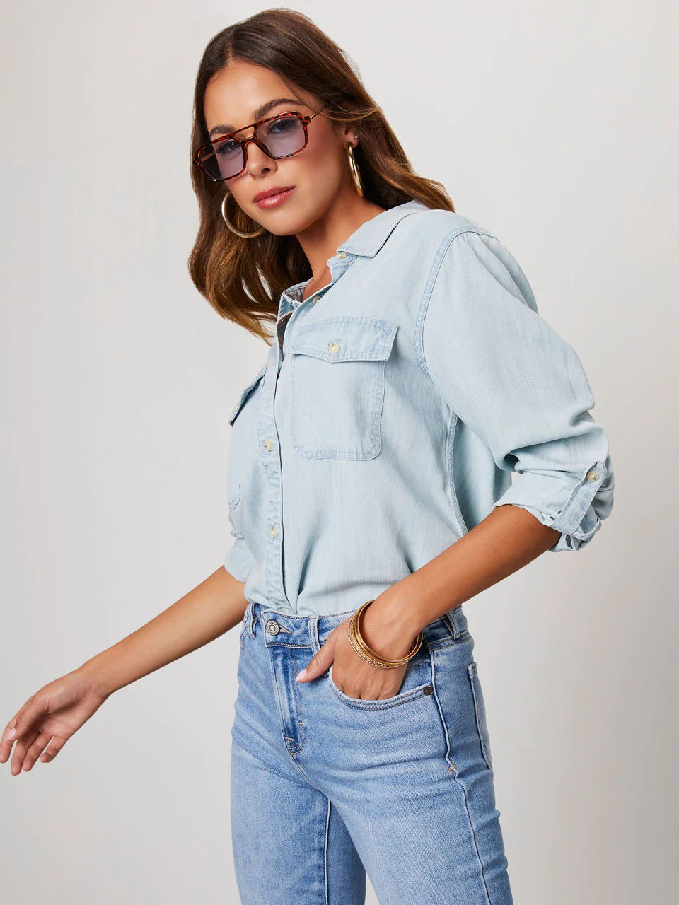 Casual Button Front Light Washed Denim Shirt
