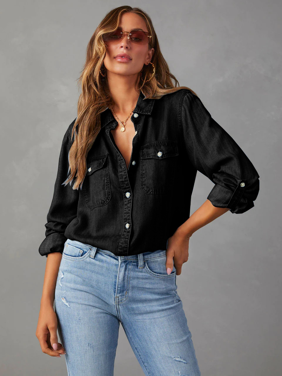 Casual Button Front Light Washed Denim Shirt