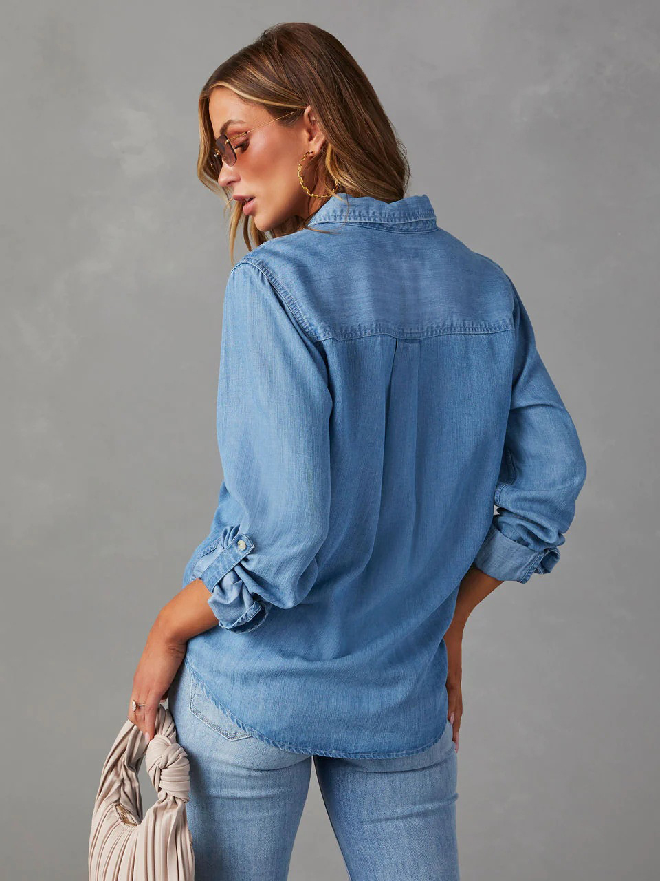 Casual Button Front Light Washed Denim Shirt
