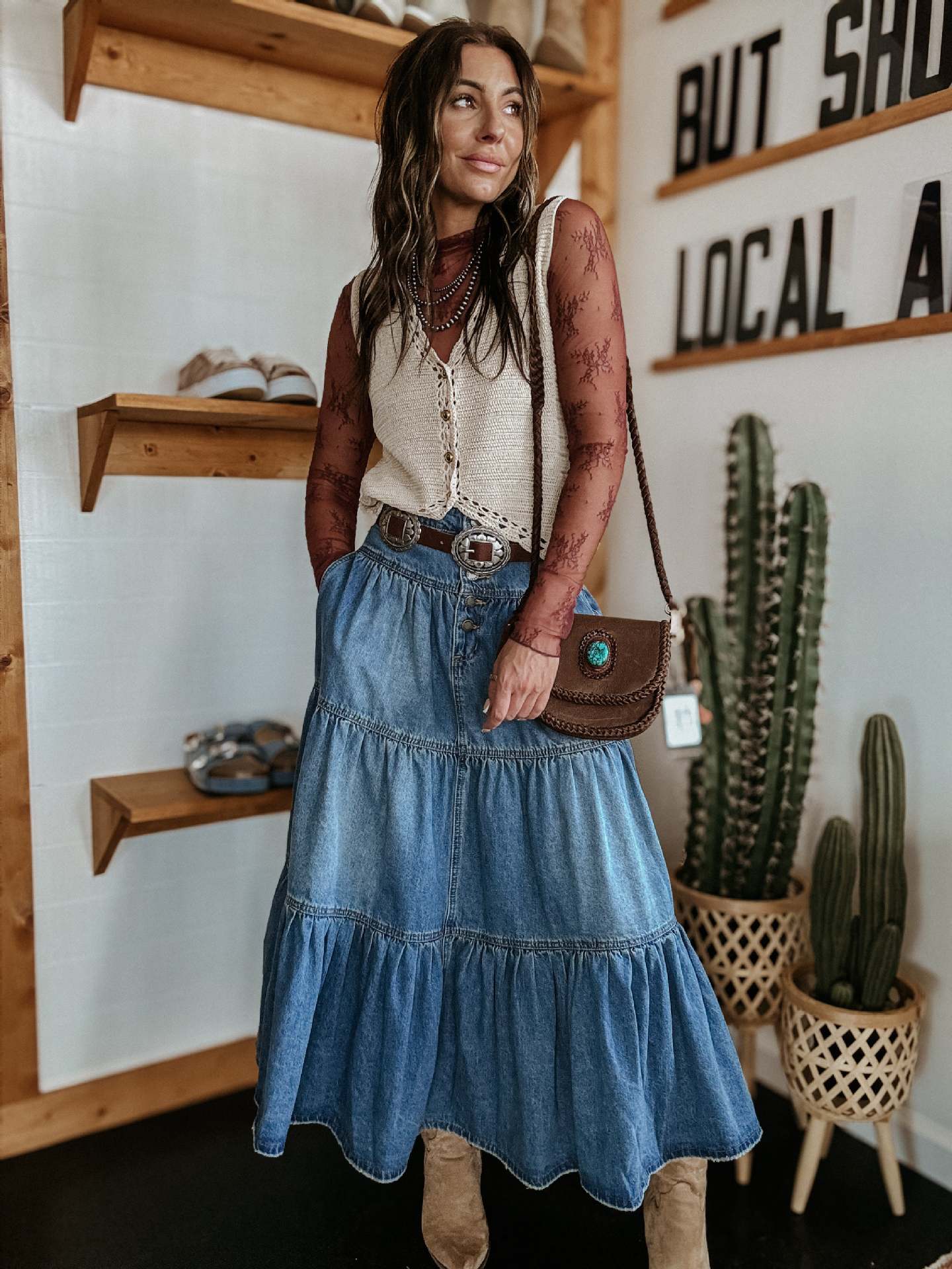 Vacation Tiered Ruffle Hem Washed Denim Skirt