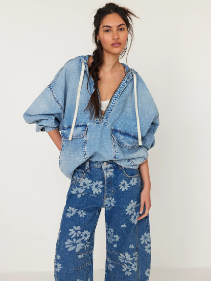 Casual Oversized Washed Long Sleeve Denim Top