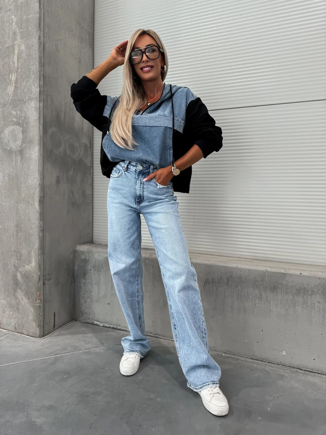 Casual Washed Denim Panel Hooded Sweatshirt