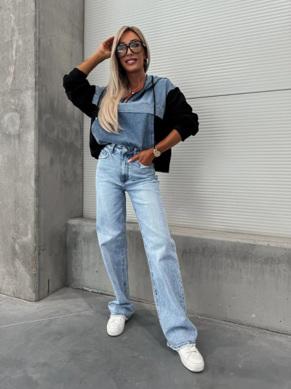 Casual Washed Denim Panel Hooded Sweatshirt