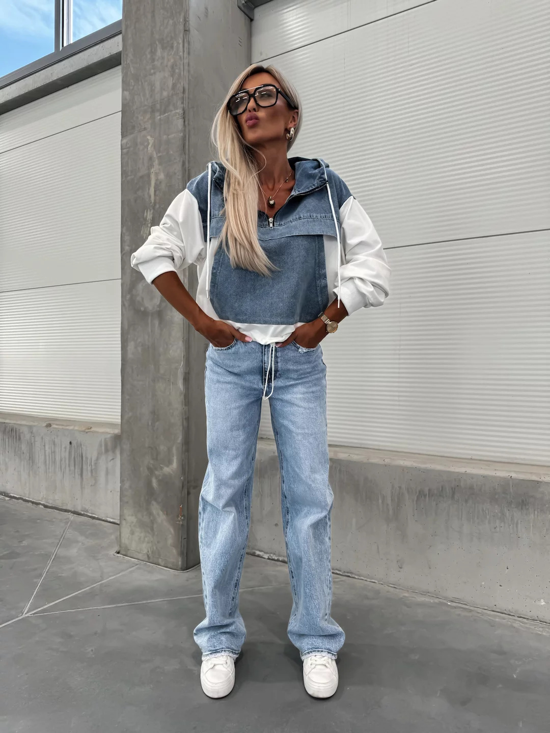 Casual Washed Denim Panel Hooded Sweatshirt