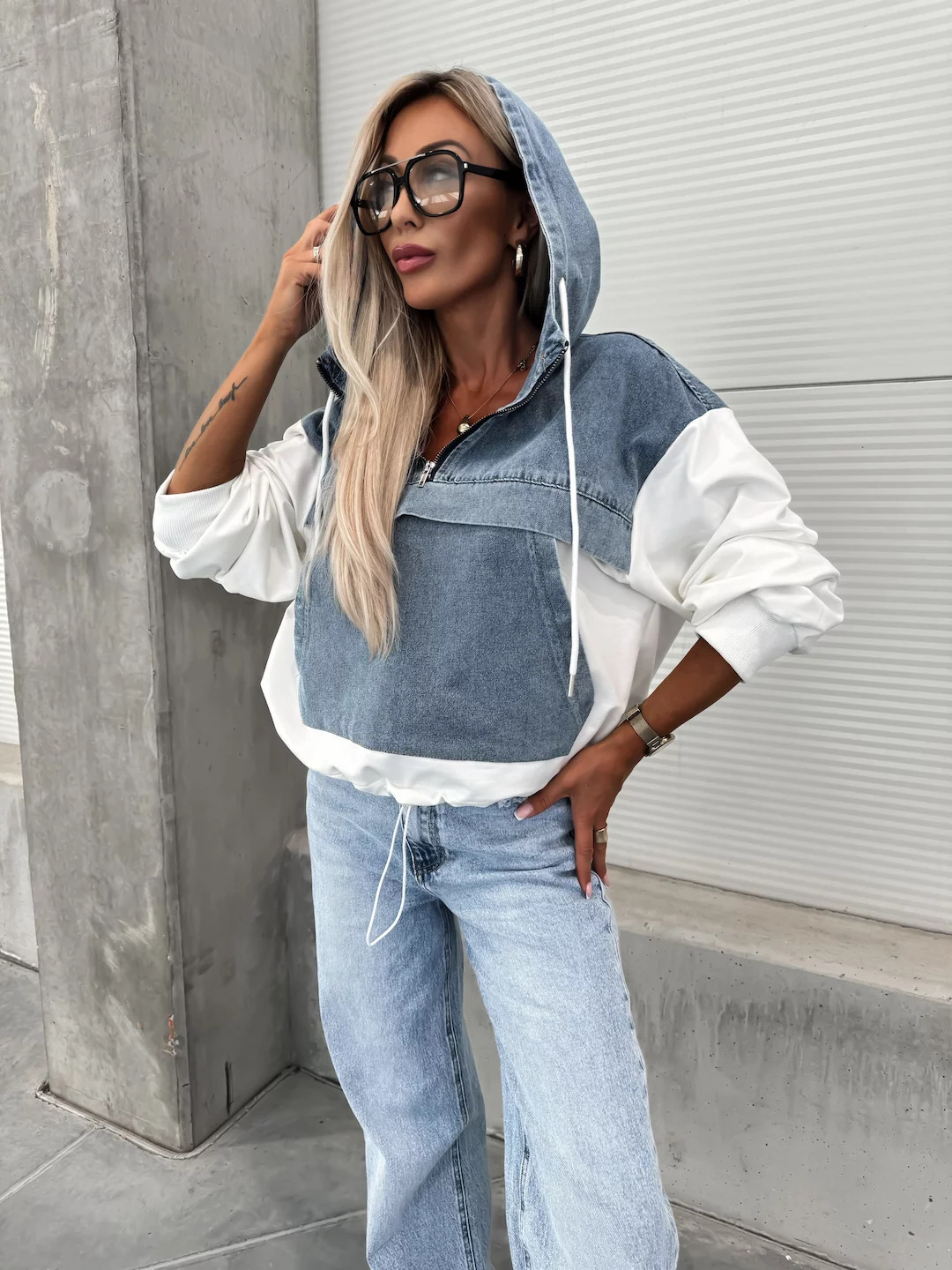 Casual Washed Denim Panel Hooded Sweatshirt
