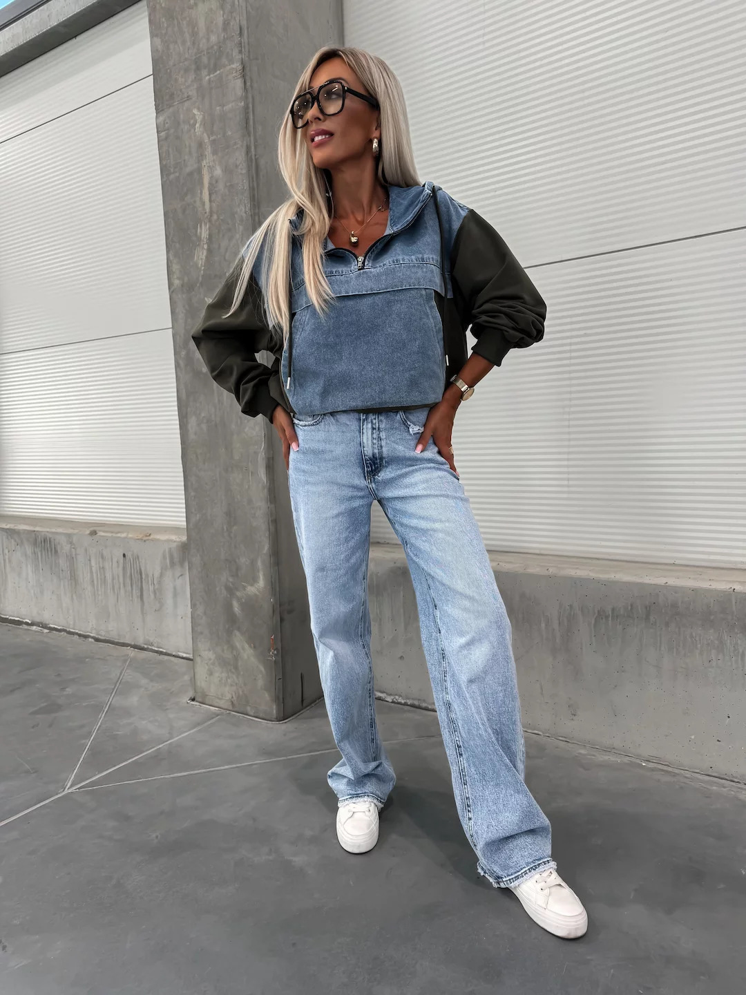 Casual Washed Denim Panel Hooded Sweatshirt