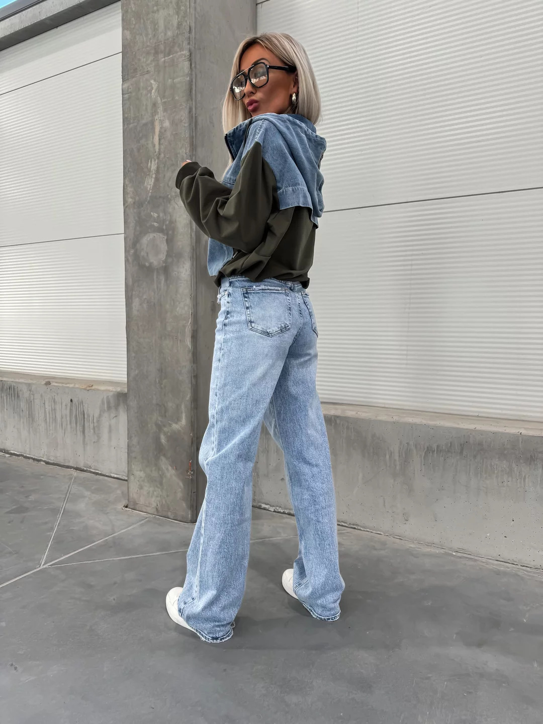 Casual Washed Denim Panel Hooded Sweatshirt