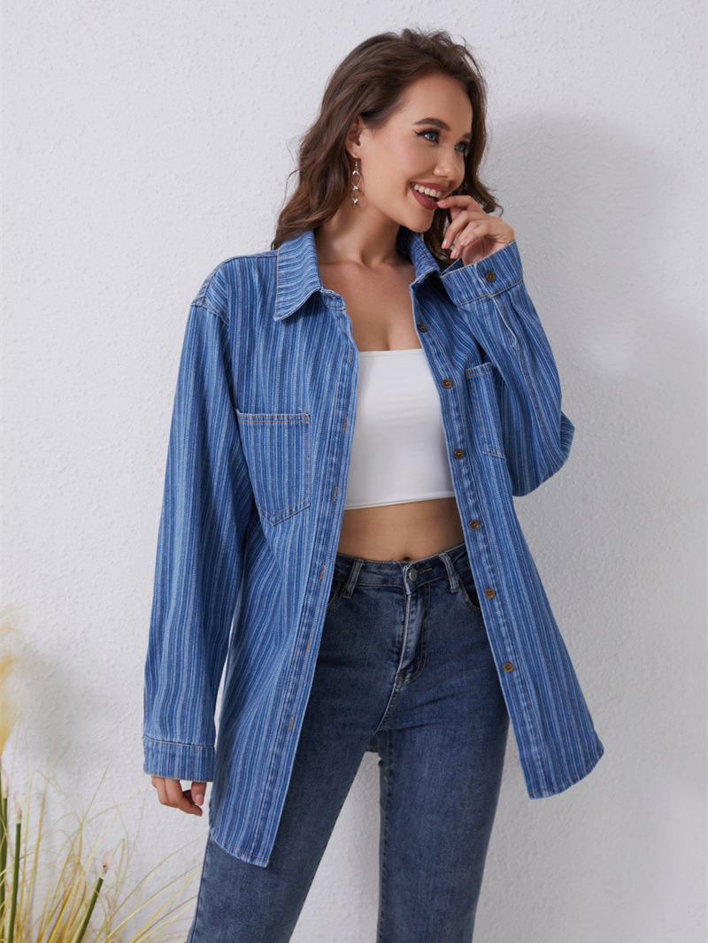 Fashion Versatile Two Pocket Striped Oversized Denim Shirt