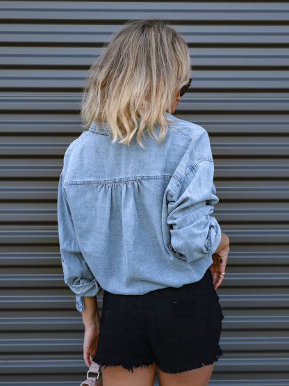 Casual Drawstring Hem Short Washed Denim Shirt