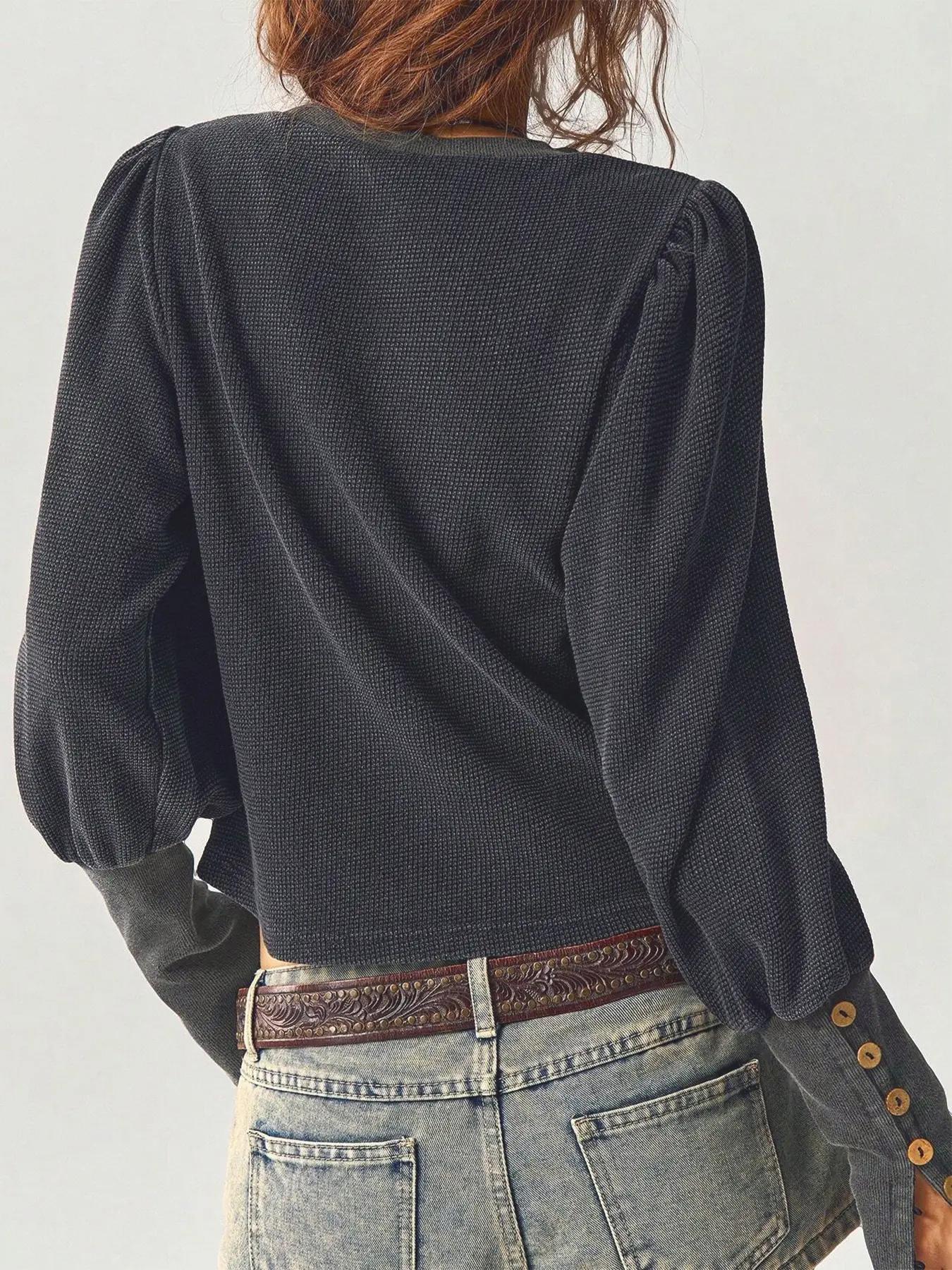 Casual Warm Textured Knit Puff Sleeve Top